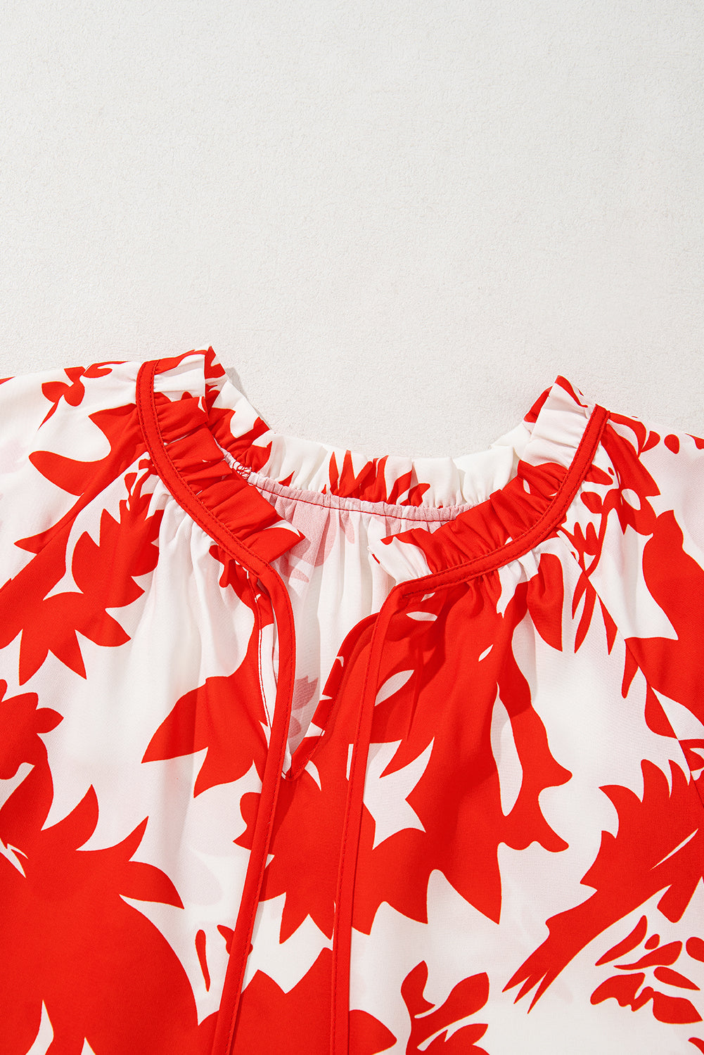 Red Plant Print Tiered Ruffled Sleeve V Neck Blouse eAura