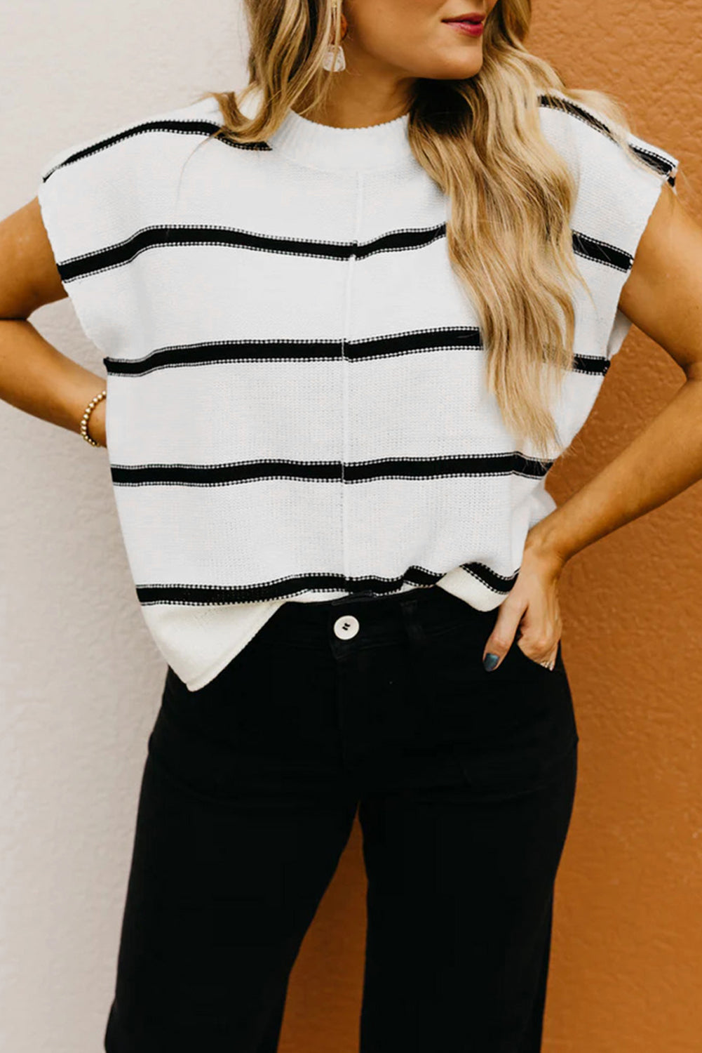 White Striped Batwing Sleeve Sweater Tee eAura