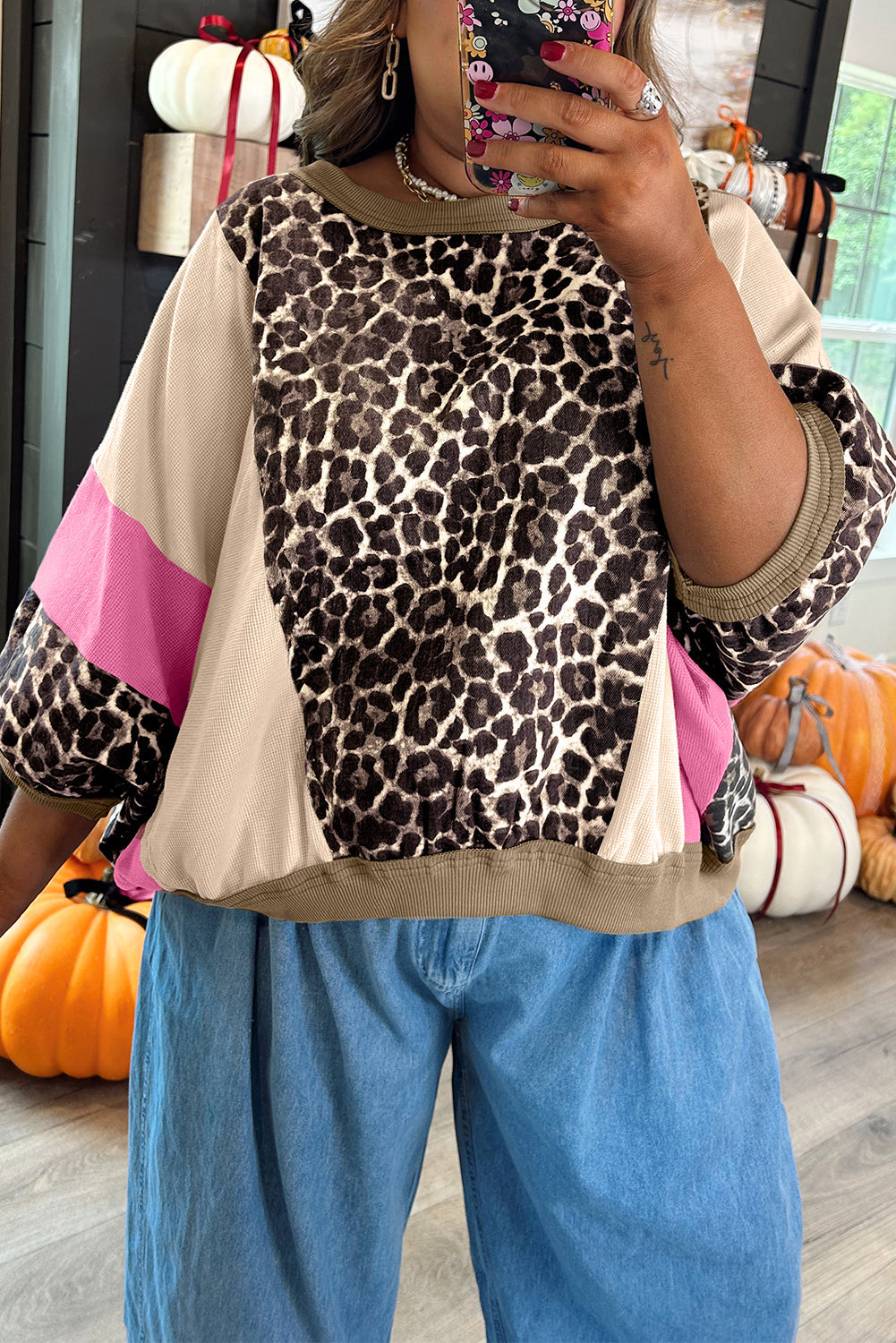 Leopard Print Colour Block 3/4 Sleeve Baggy Top - eAura