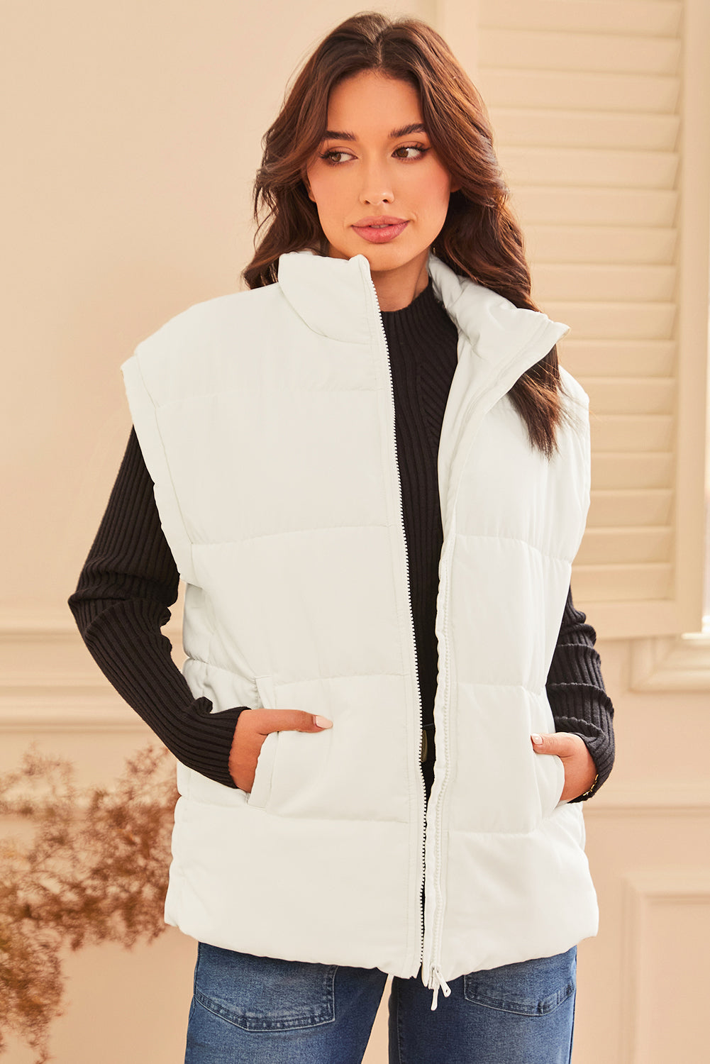 Beige Zipper Stand Neck Oversized Puffer Vest - eAura