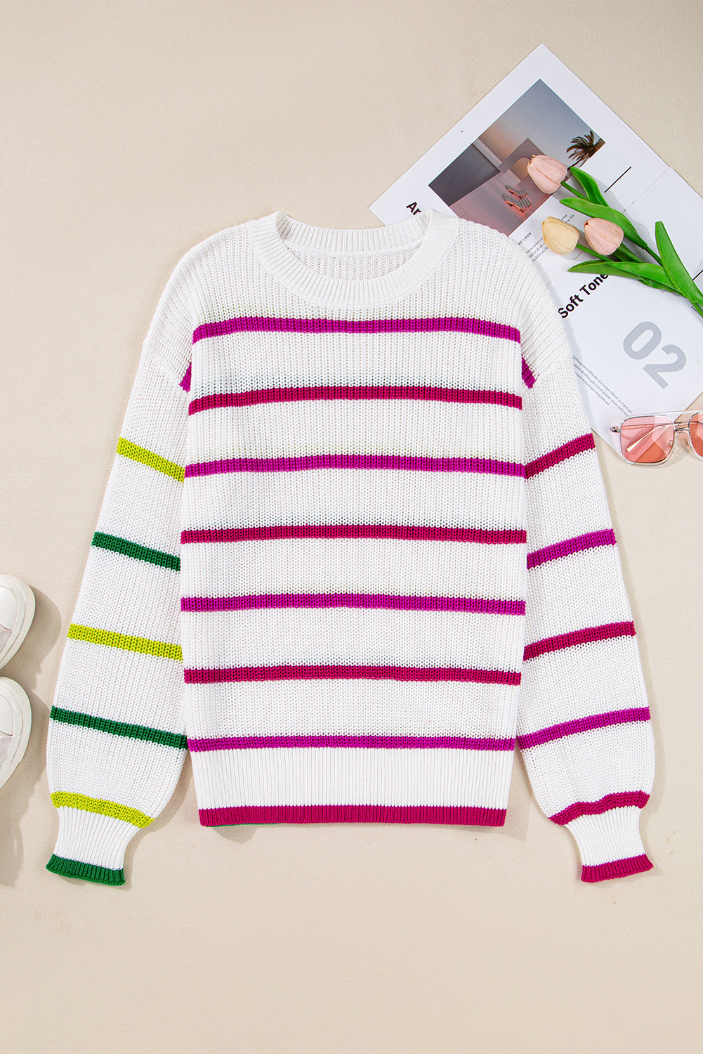 Stripe Drop Shoulder Crew Neck Sweater Contrast Colour eAura