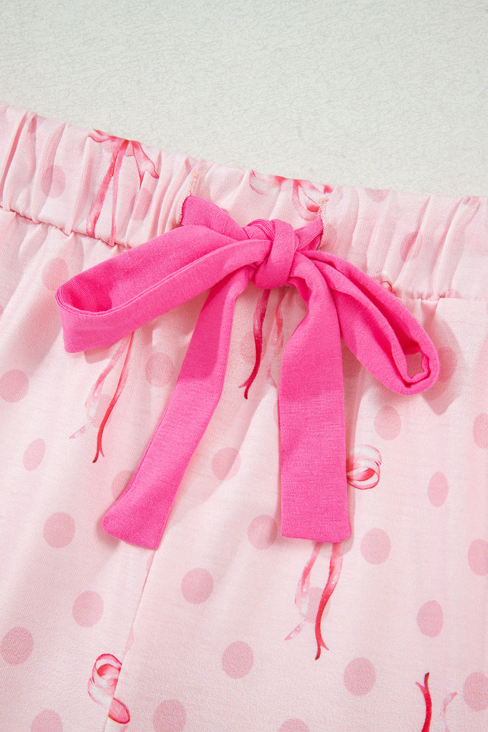 Pink Bow Print Contrast Pipping Short Pyjamas Set eAura