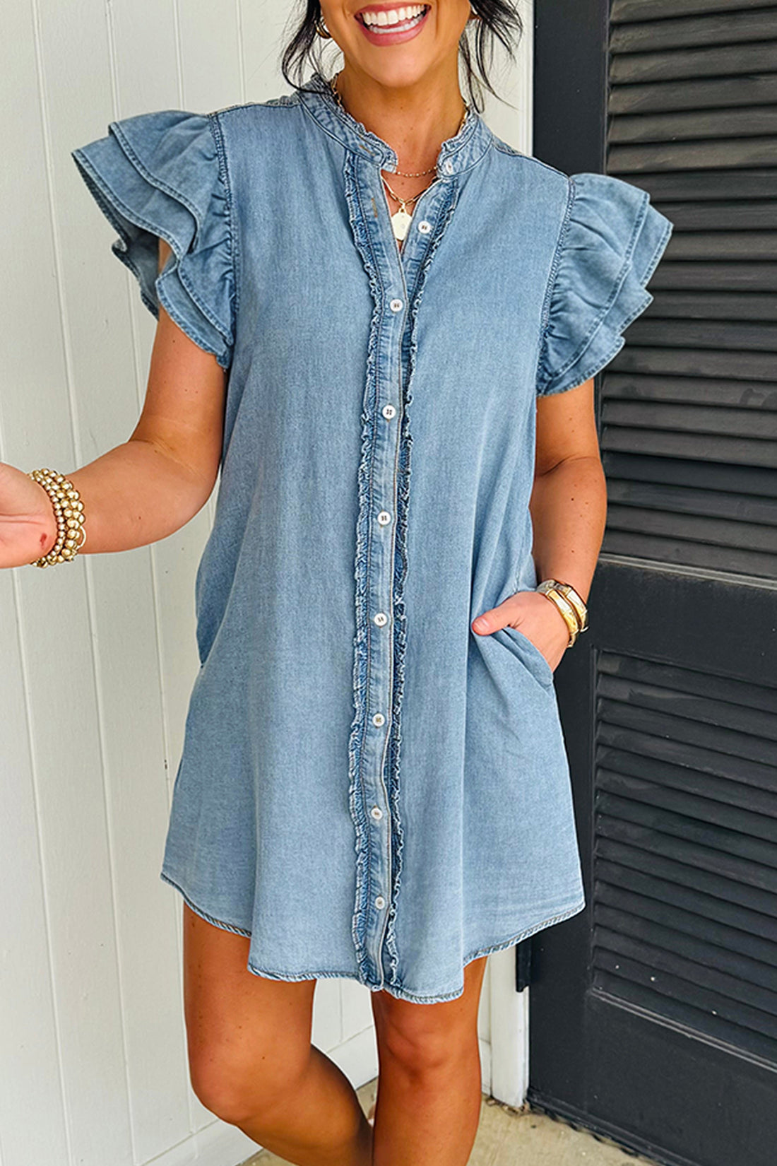 Frilled Detail Button Down Ruffle Short Sleeve Denim Mini Dress