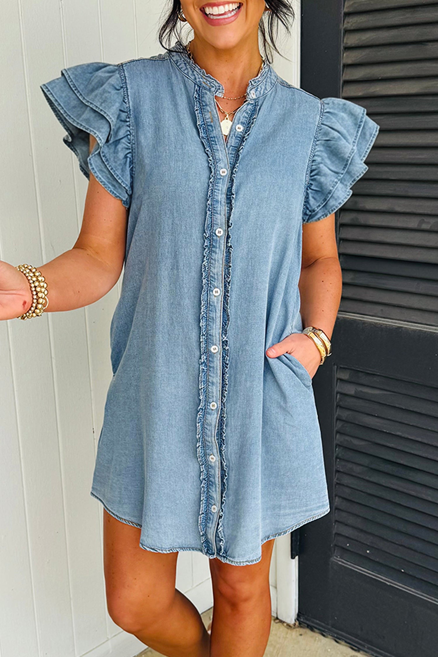 Frilled Detail Button Down Ruffle Short Sleeve Denim Mini Dress
