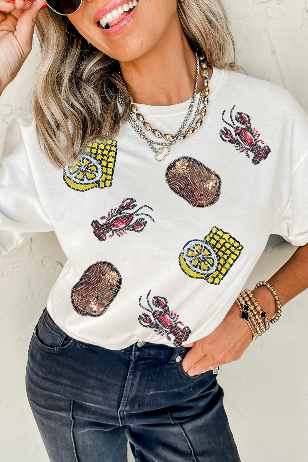 White Sequin Crawfish Potato Lemon Corn Graphic Crewneck T Shirt eAura
