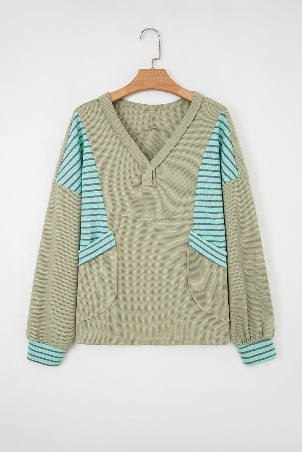 Exposed Seam Waffle Striped Patchwork Baggy Pullover - eAura