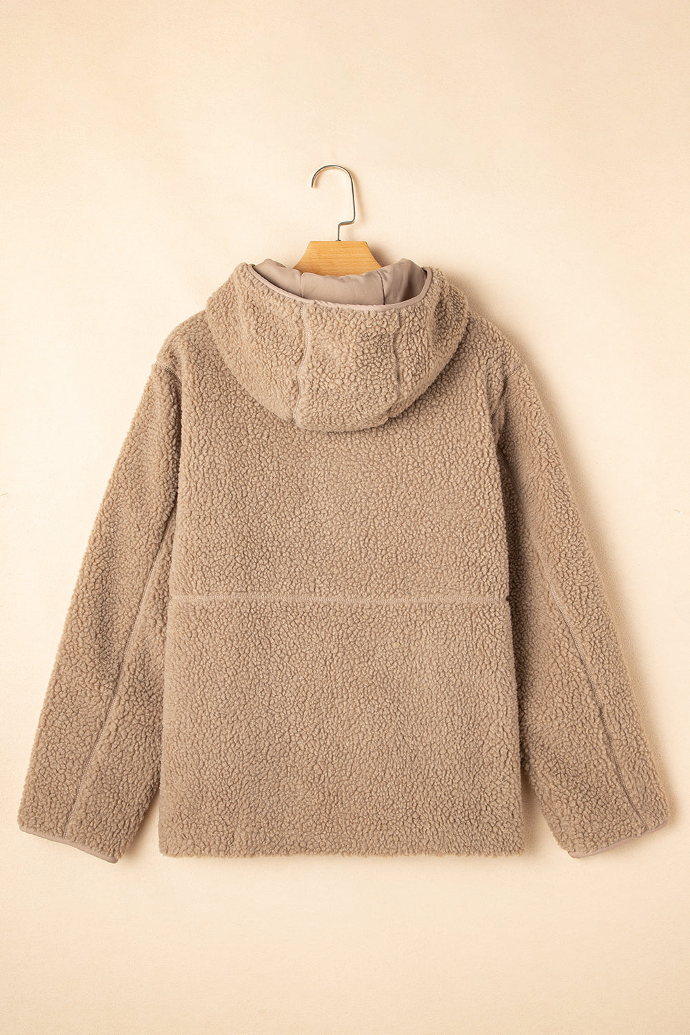 Pale Khaki Fleece Zip Up Drawstring Hooded Pocketed Jacket eAura