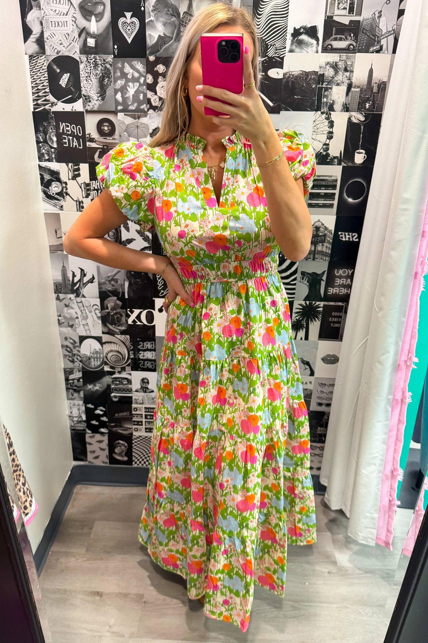 Floral Print V-Neck Short Puff Sleeve Maxi Dress