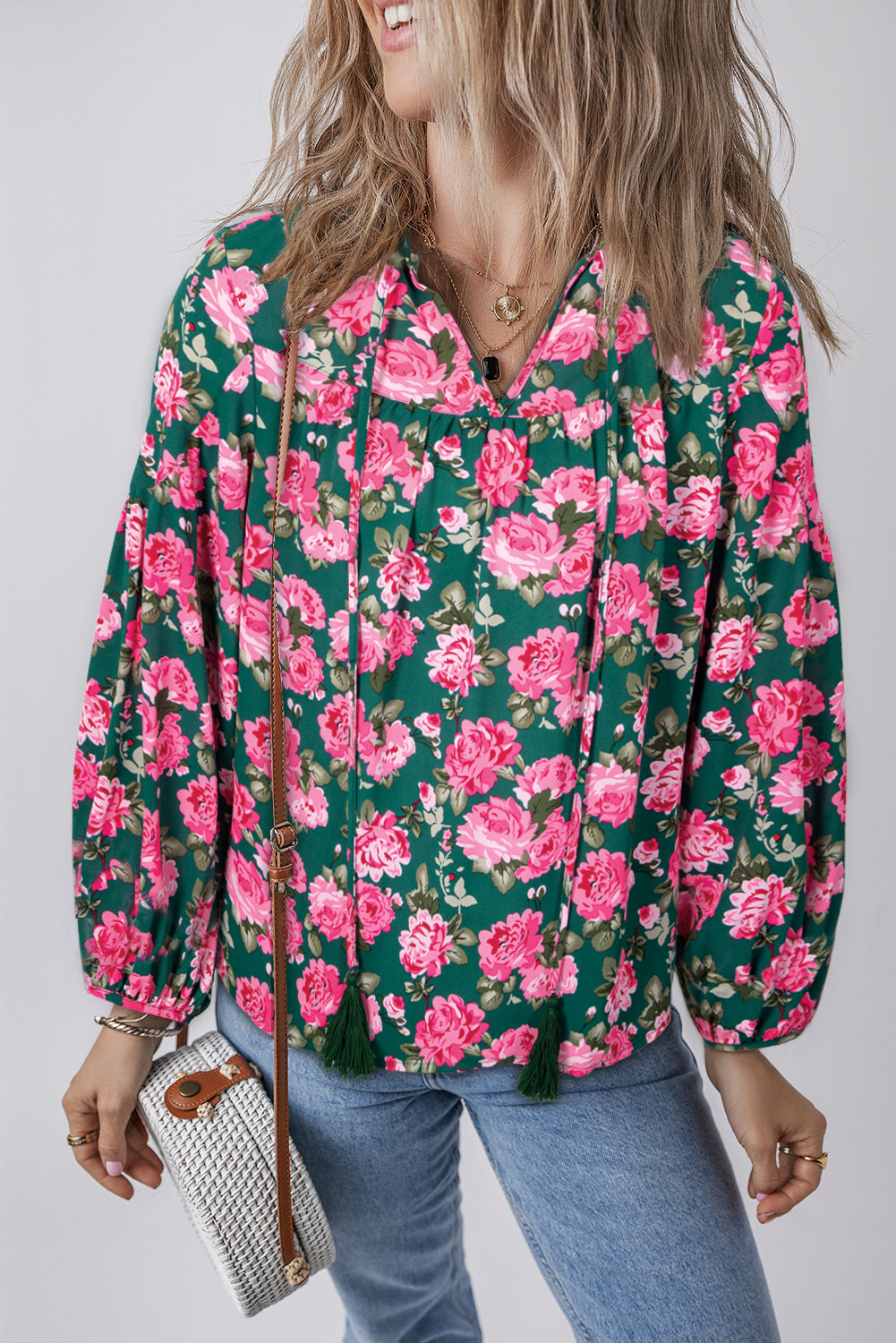 Green Floral Printed Tied Collar Puff Sleeve Blouse eAura