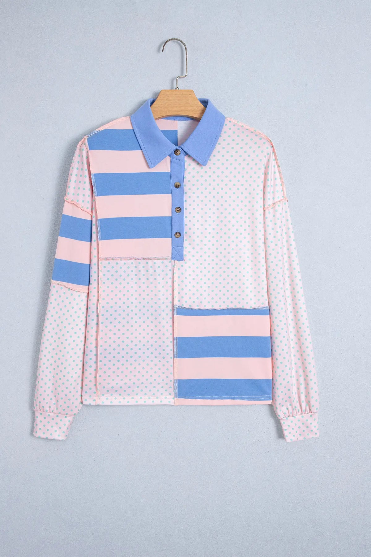 Polo Collar Long Sleeve Top — Patchwork Polka Dot & Stripe