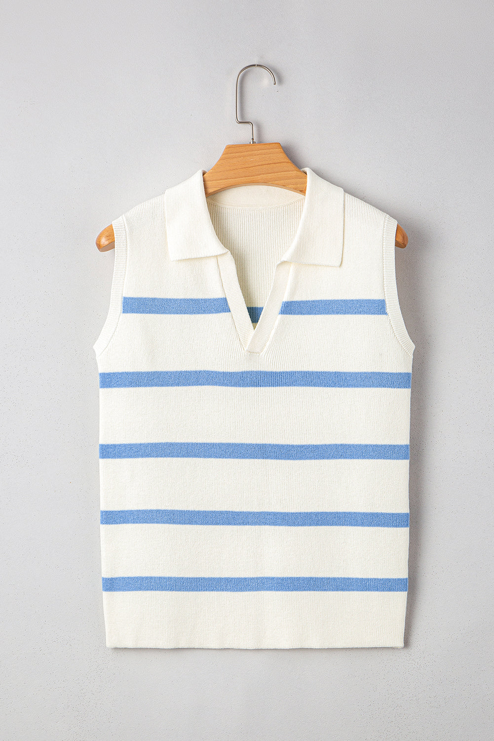 Blue Stripe Split V Neck Collared Ribbed Sleeveless Sweater eAura