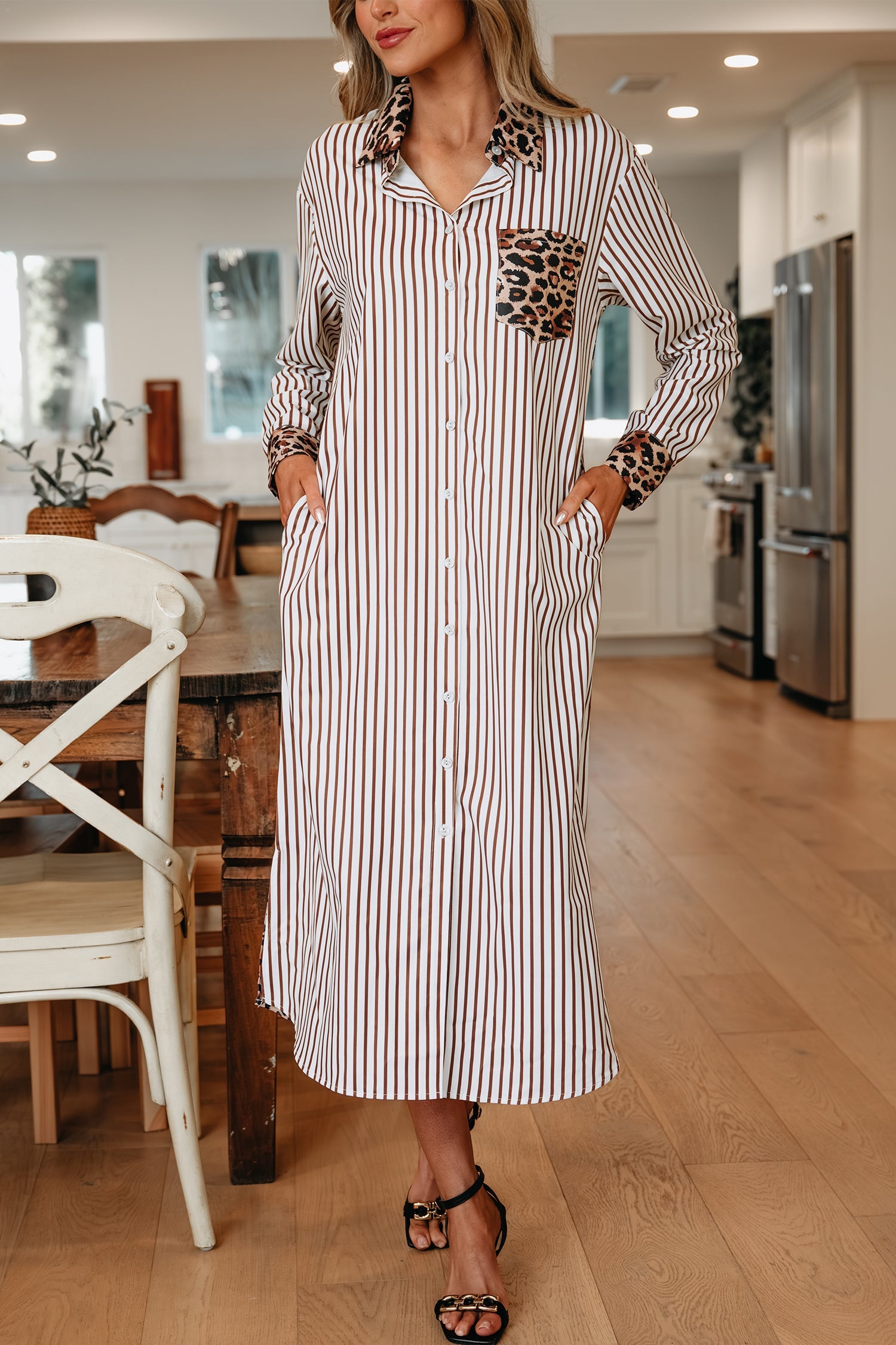Stripe Contrast Leopard Patchwork Long Shirt Dress with Slits - Dresses/Maxi Dresses
