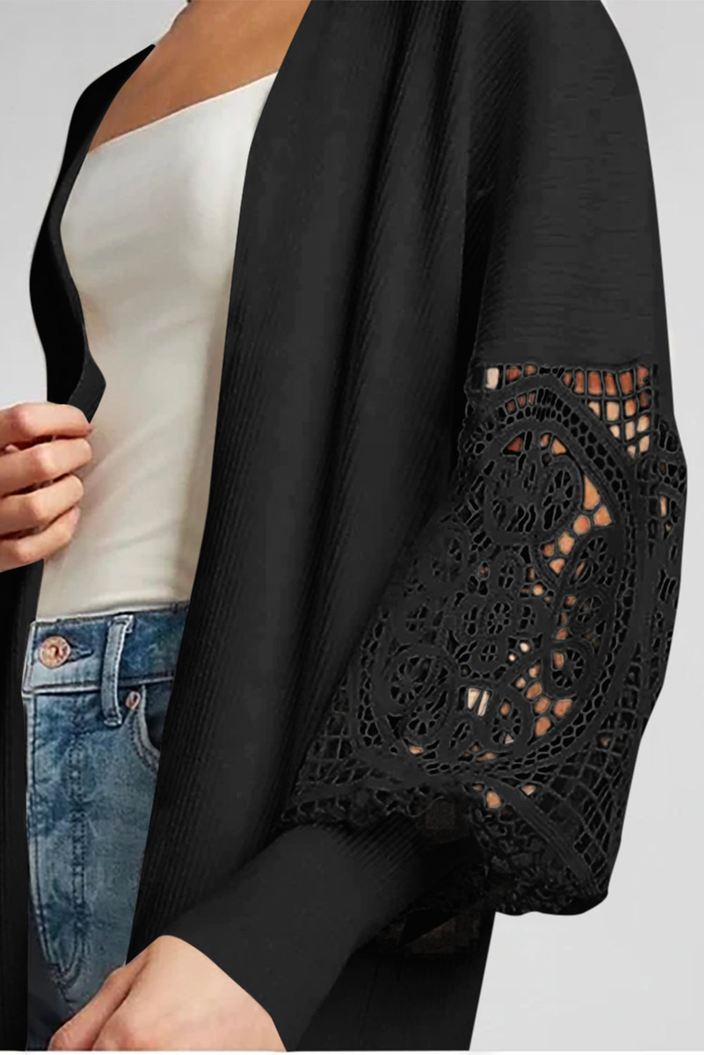 Black Crochet Lace Sleeve Ribbed Knit Cardigan eAura