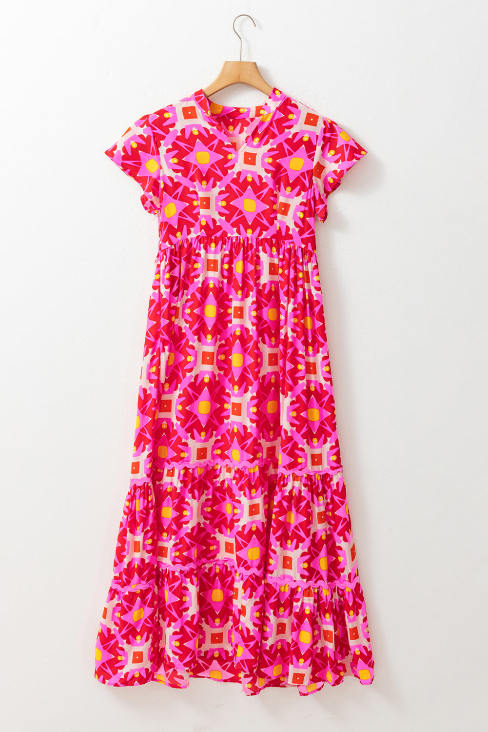 Strawberry Pink Geo Print V-neck Maxi Dress eAura