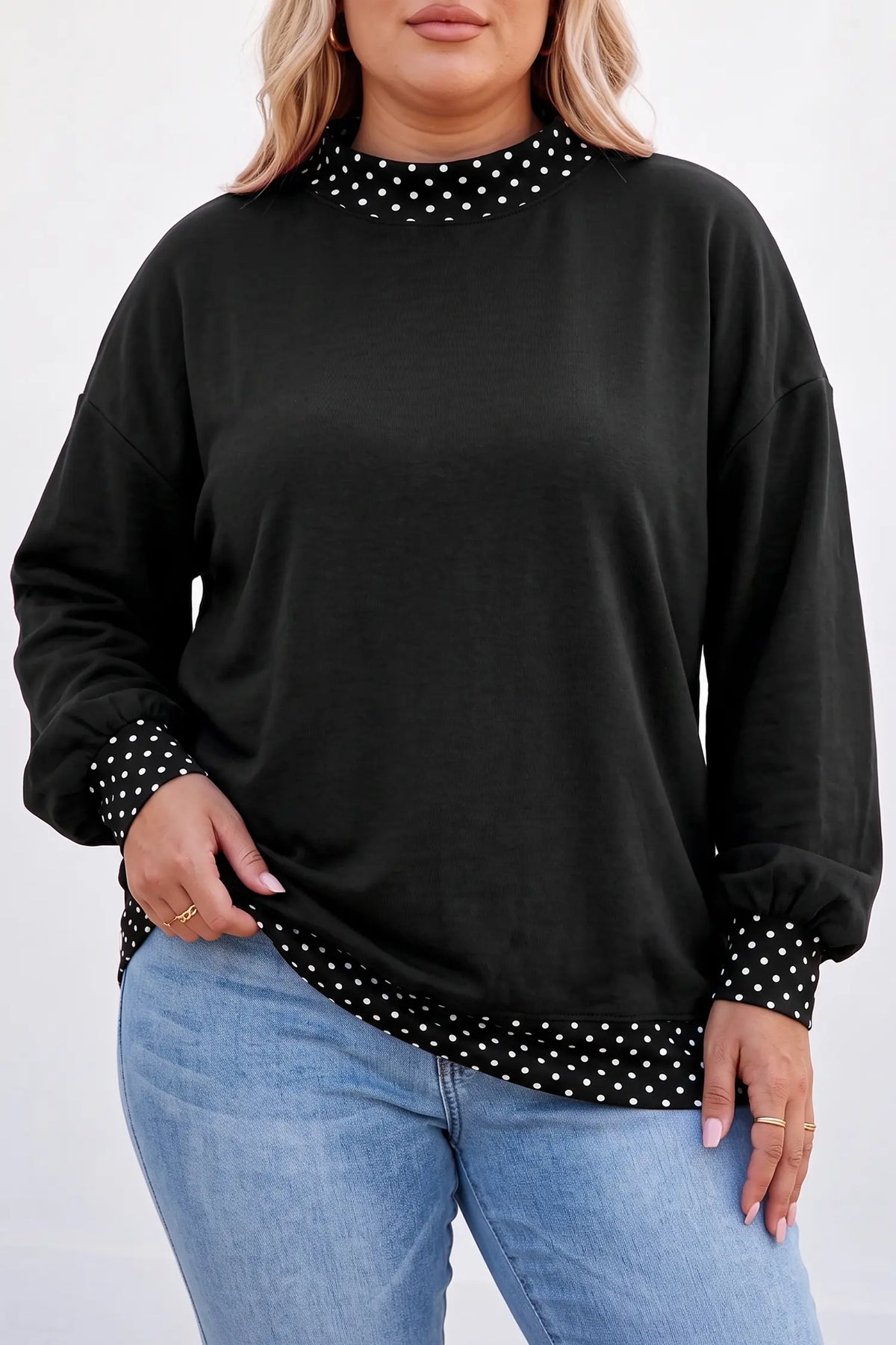 Plus Size Sweatshirt - Polka Dot Patchwork Round Neck