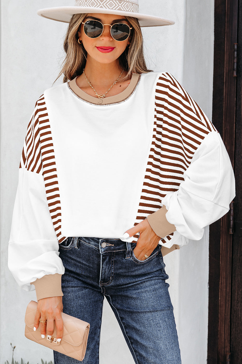 Striped Contrast Stitching Oversized Sweatshirt - eAura
