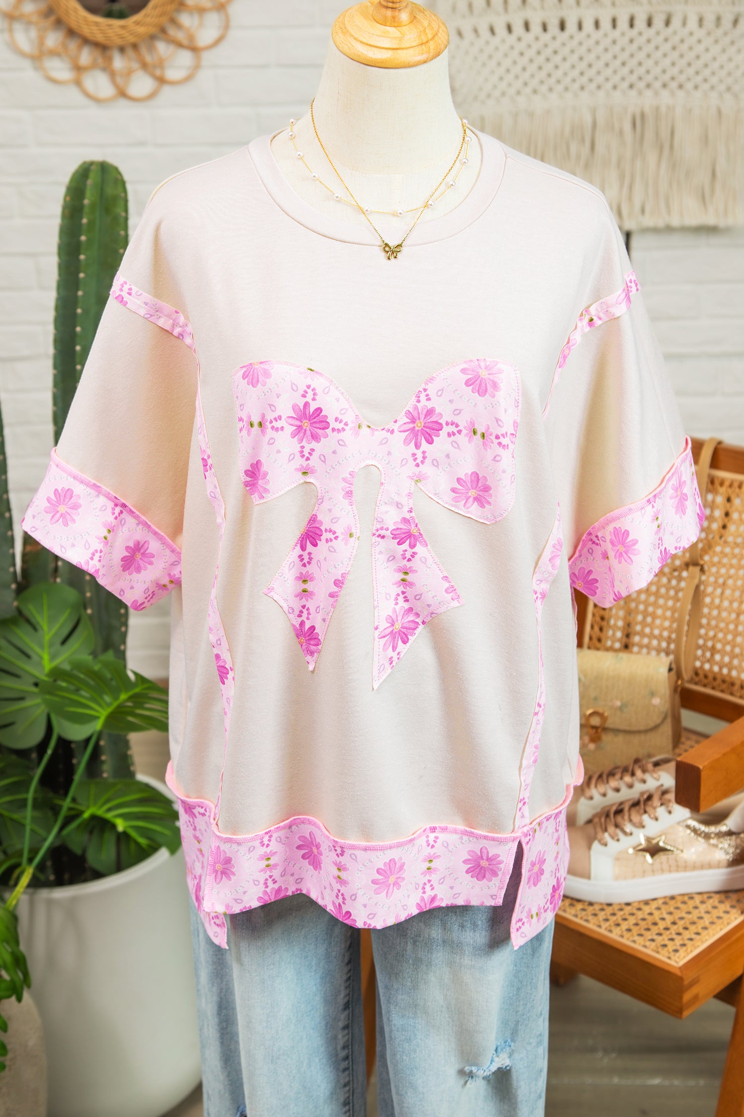 Daisy Floral Bow Contrast Patchwork Loose T Shirt – Apricot