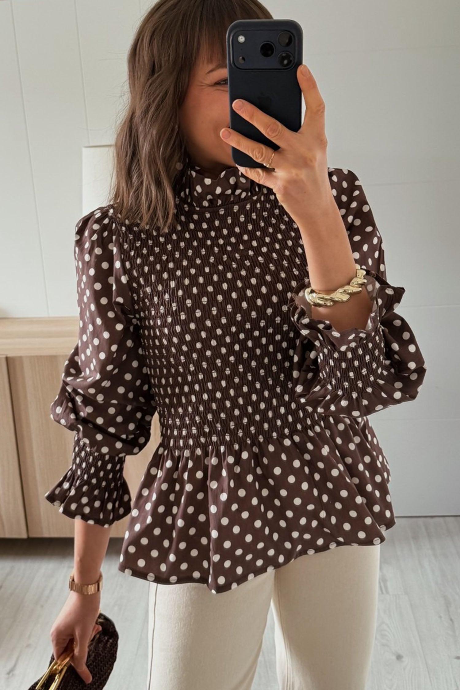Polka Dot Ruffled High Neck Shirred Ruffle Hem Blouse – Brown