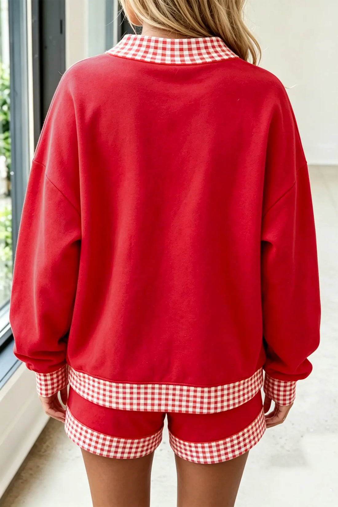Gingham Trim Baggy Pullover 2pcs Short Set – Fiery Red