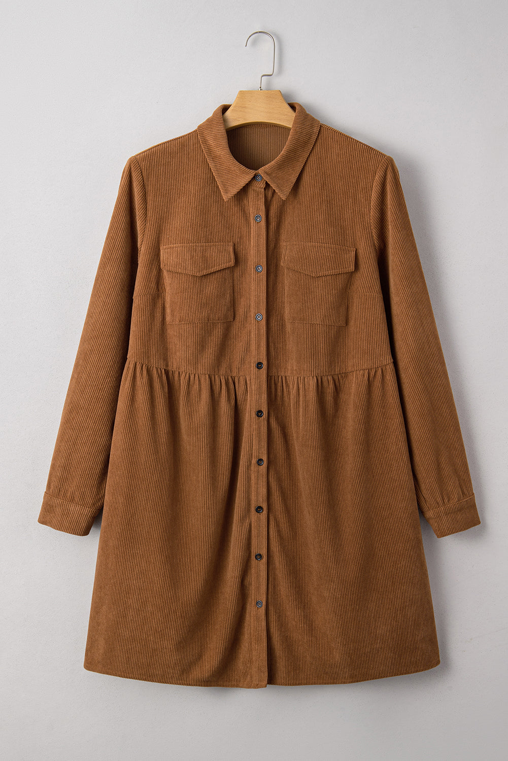 Soft Corduroy Full Buttoned Collared Shirt Dress Plus Size - eAura