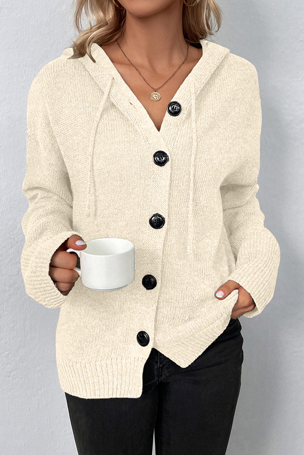 Medium Grey Drawstring Hooded Button Up Drop Shoulder Sweater Cardigan eAura