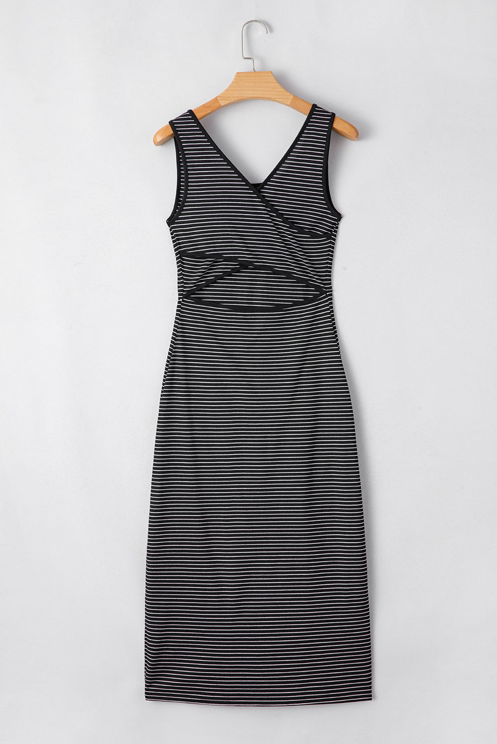 Black Stripe Criss Cross Side Slits Slim Fit Sleeveless Midi Dress eAura