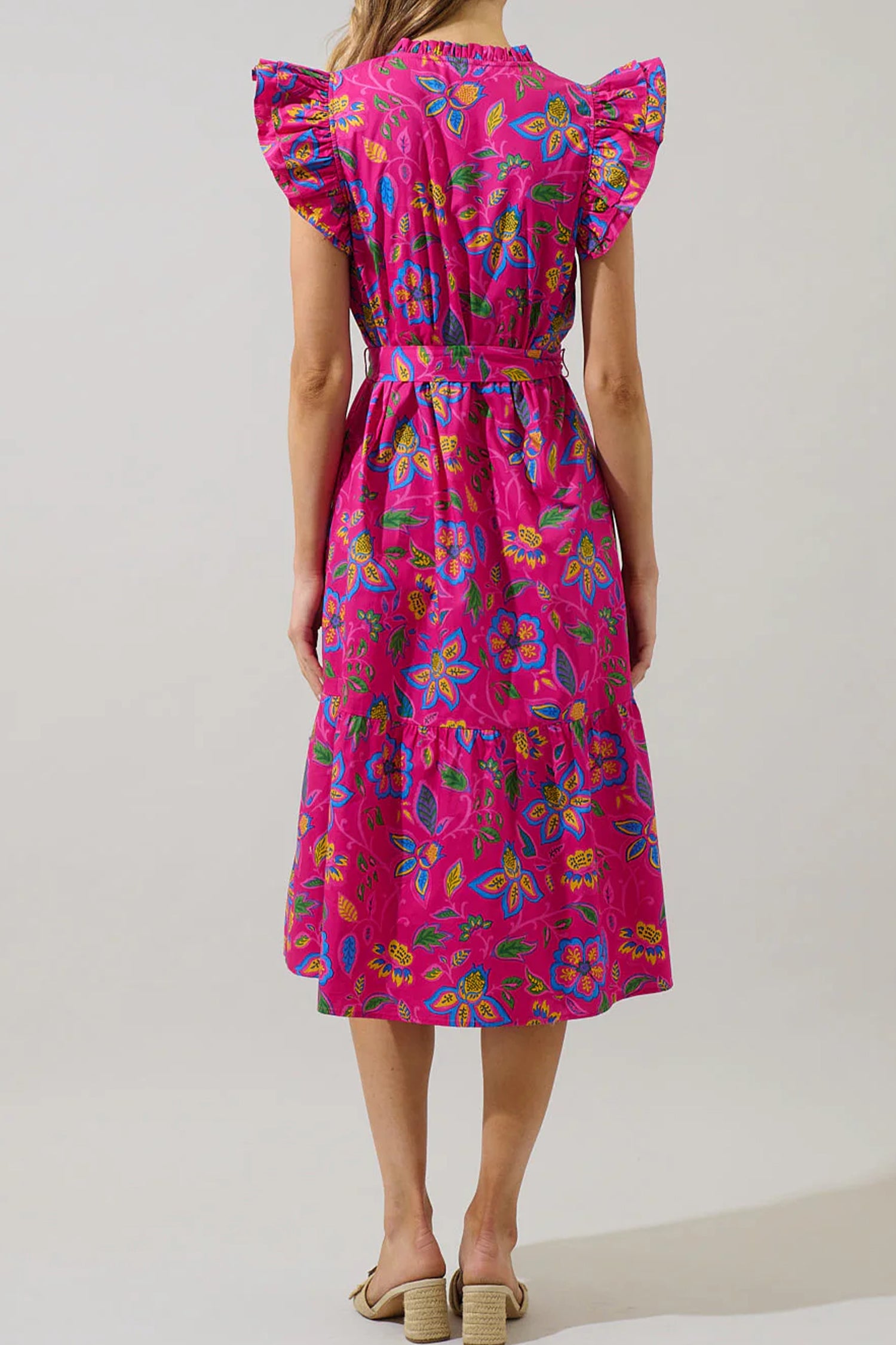 Flutter Sleeve Belted Floral Long Dress