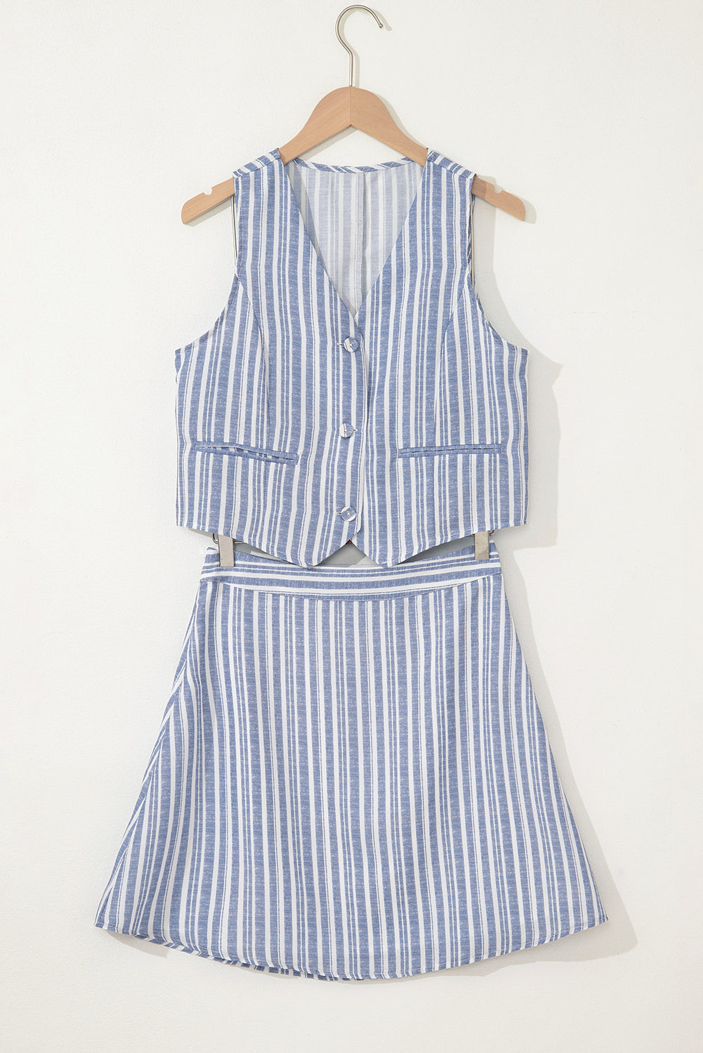 Sky Blue Stripe Buttoned Office Waistcoat Mini Skirt Set eAura