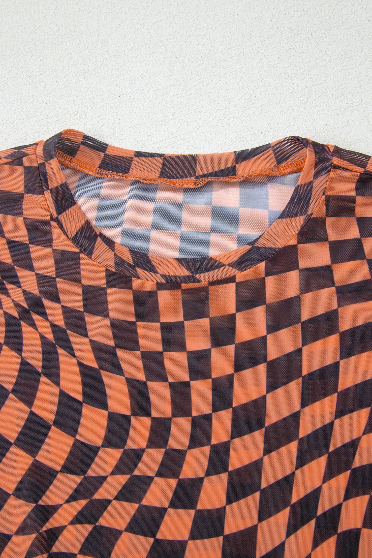 Checkered Print Crew Neck Mesh T-Shirt – Orange, Khaki, Black & Purple