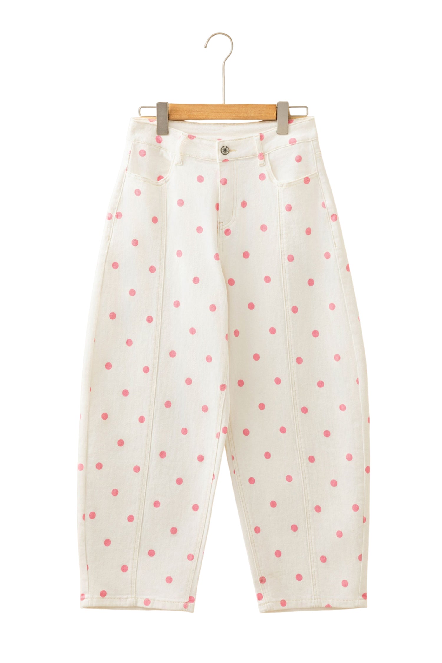 Polka Dot Print Seam Detail Barrel Jeans – Pink