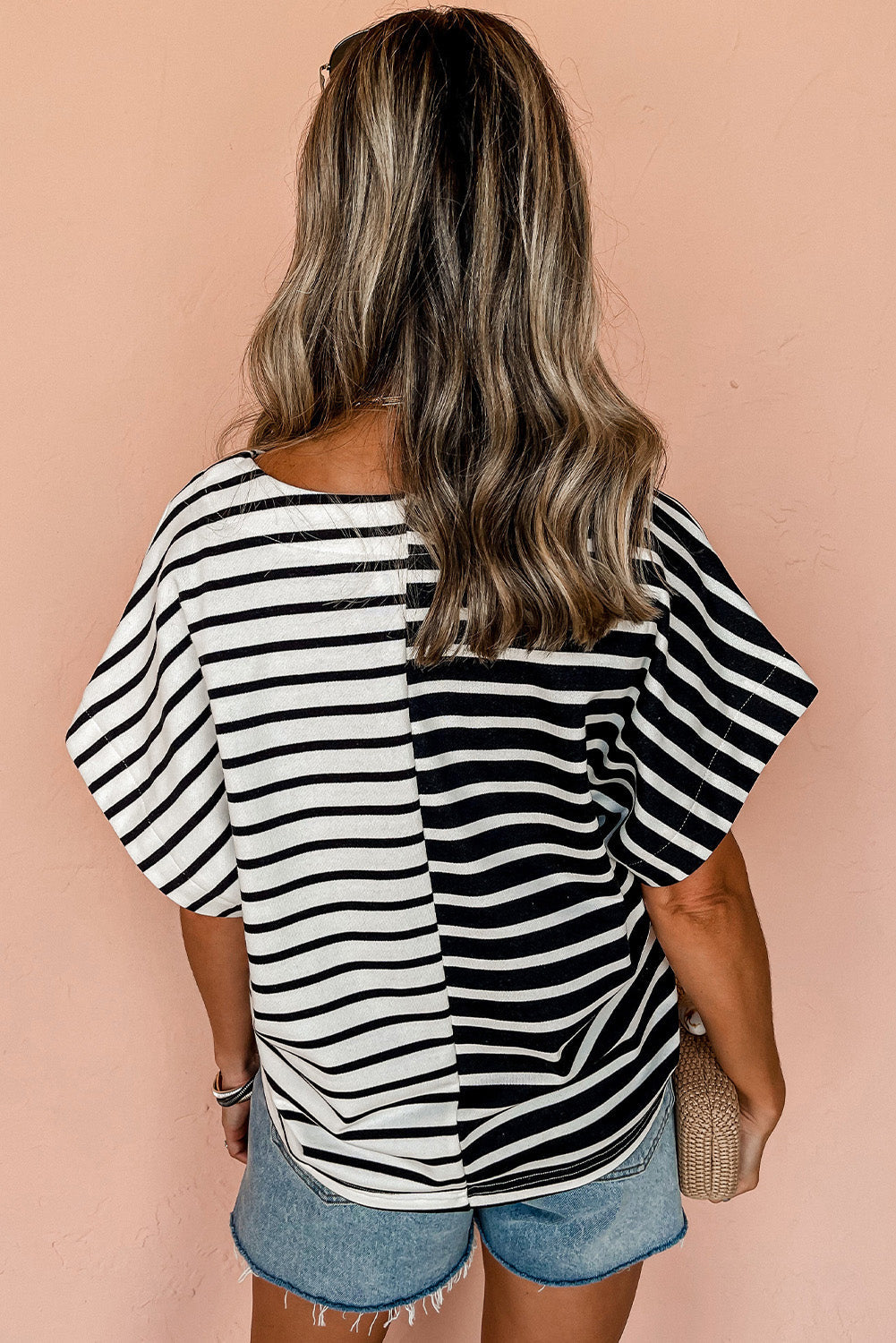 Black Stripe Two Tone Colorblock V Neck T Shirt BB Fashion Outlet