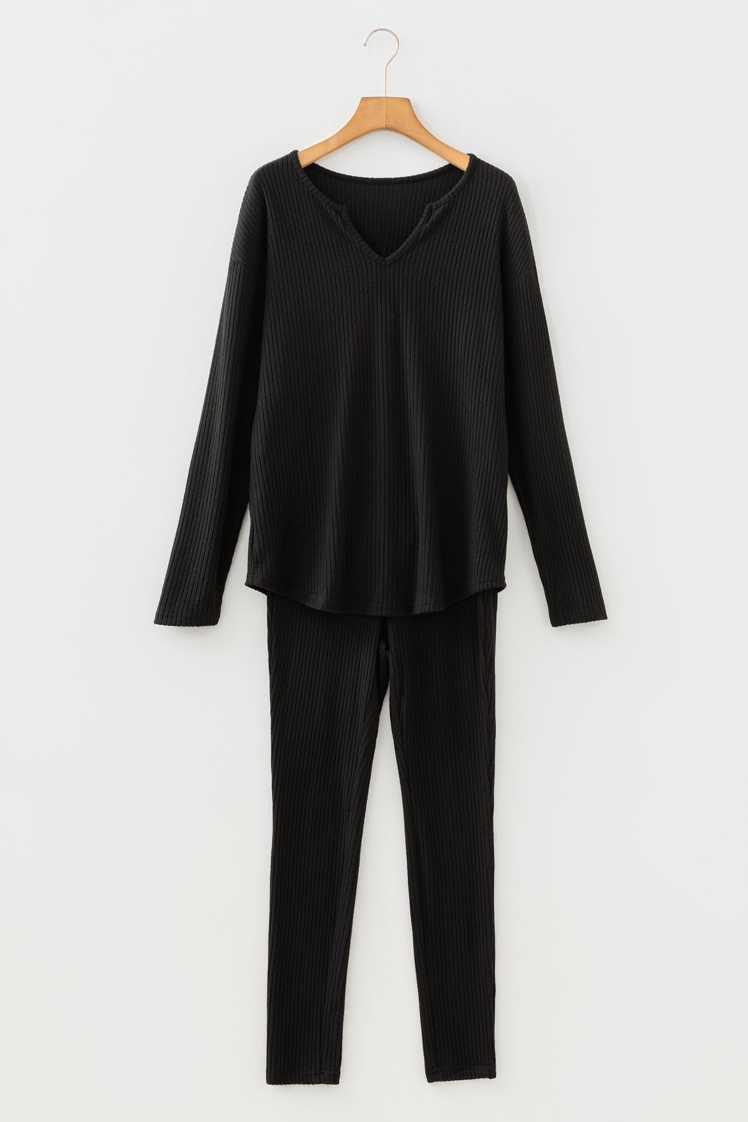 Rib Notched Neck Long Sleeve Leggings Two Piece Lounge Set - eAura