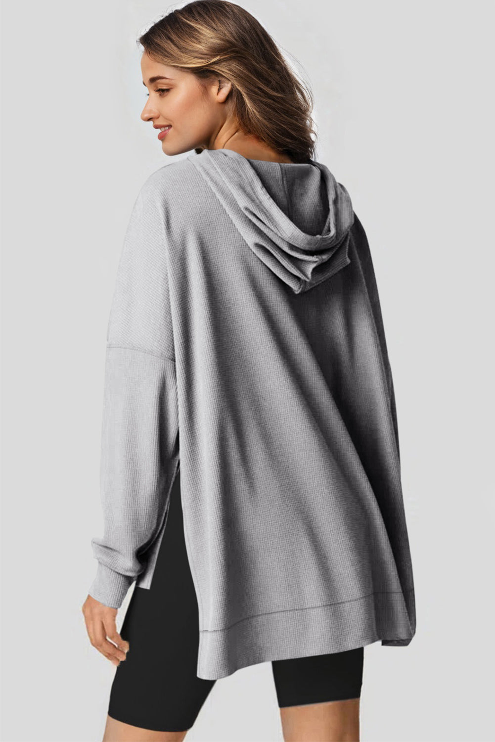 Light Pink Waffle Knit Fleece Lined High Low Oversized Hoodie eAura