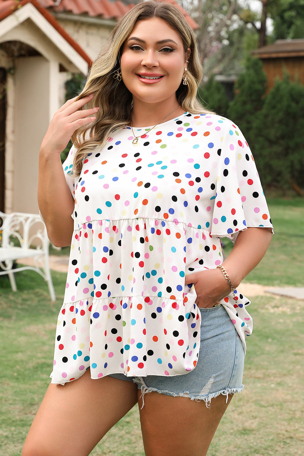 Beige Colourful Polka Dot Print Short Sleeve Ruffled Plus Size Babydoll Blouse BB Fashion Outlet