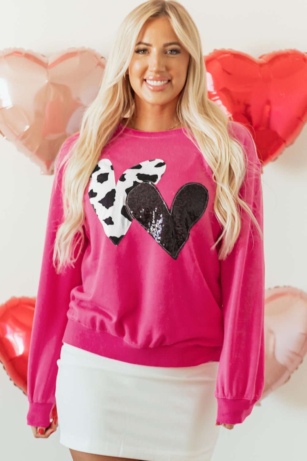 Strawberry Pink Cow & Sequin Double Heart Patch Graphic Sweatshirt eAura