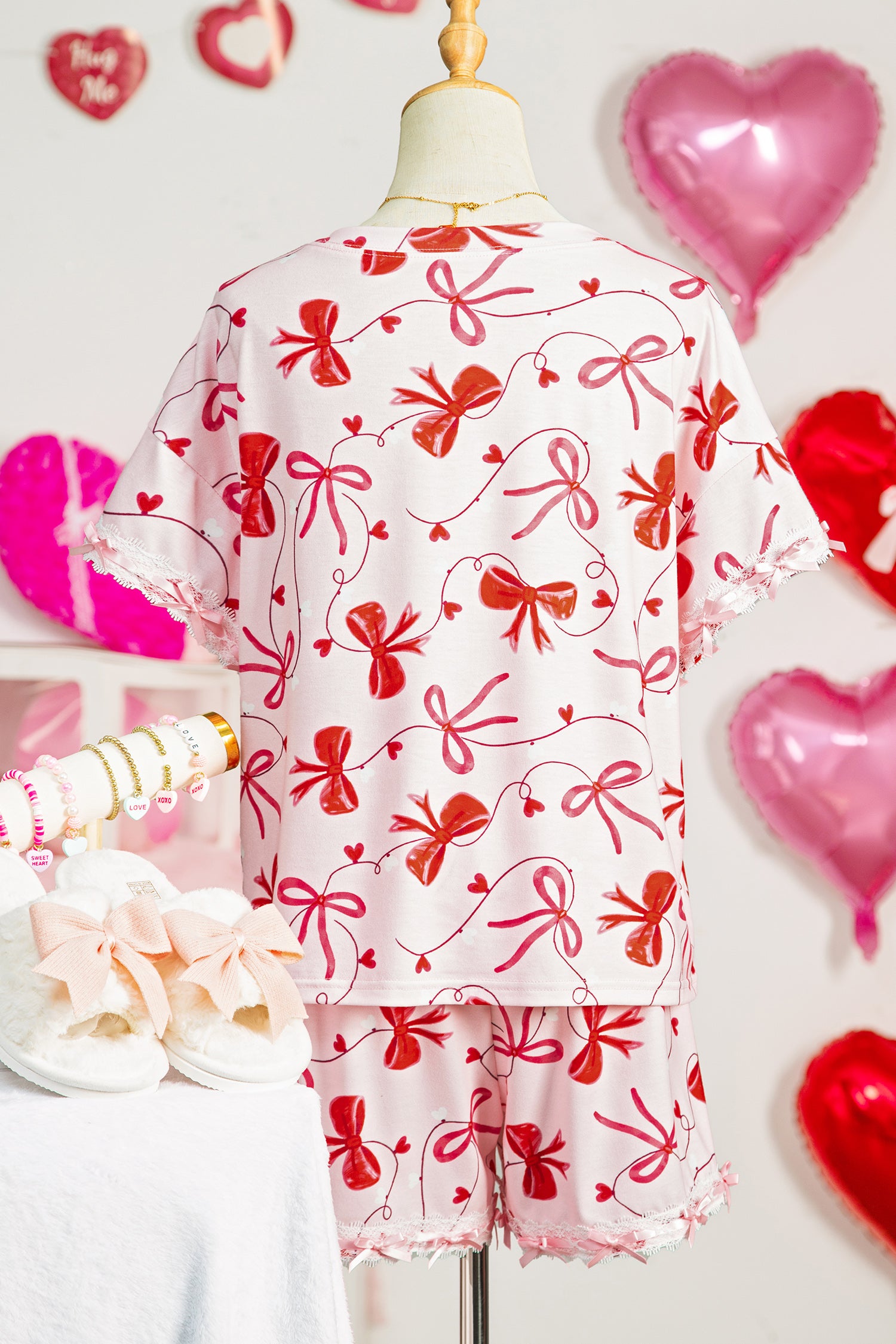 Romantic Bow Print Loose Tee Drawstring Shorts 2pcs Lounge Set – Red