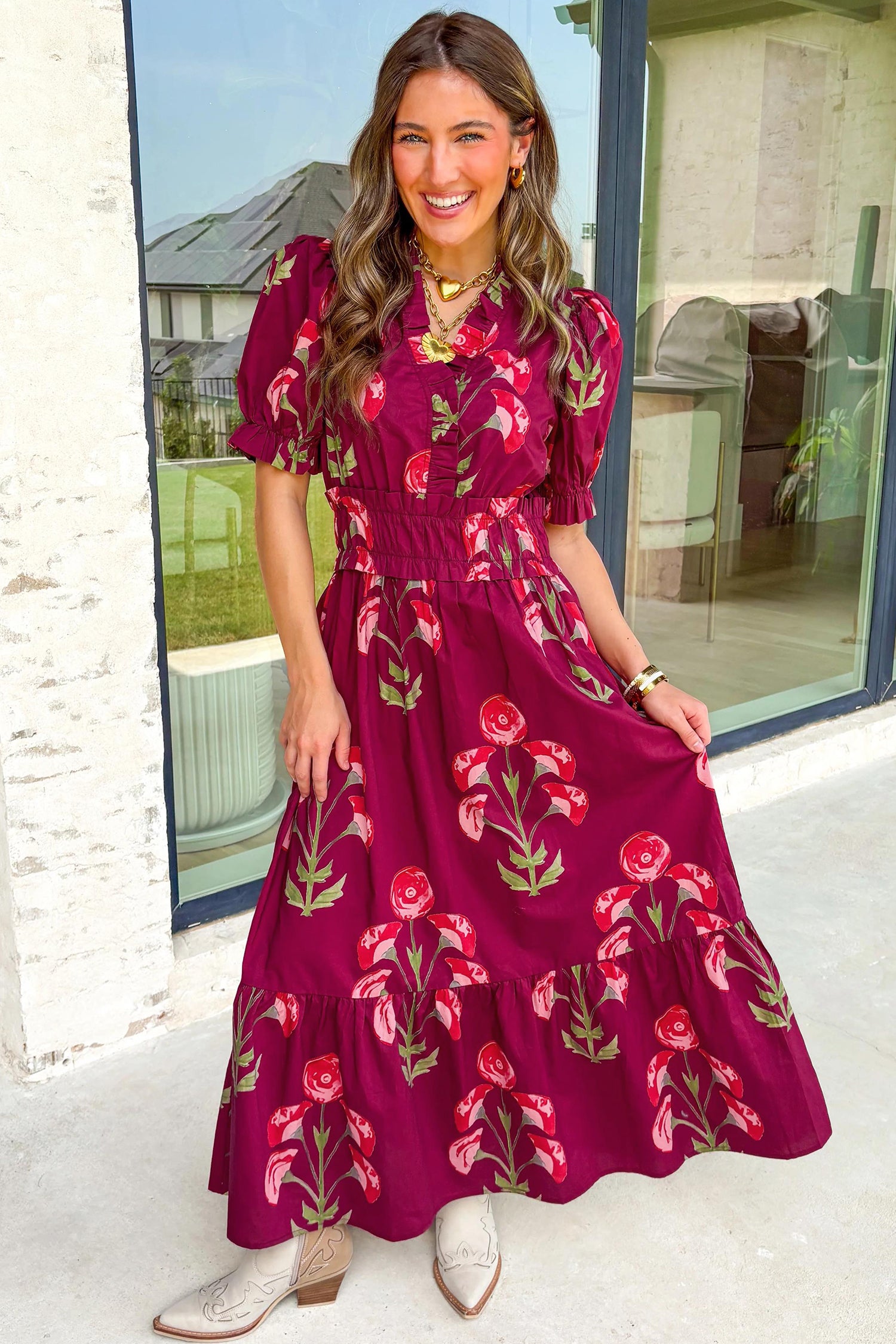 Floral Print Frilled V-Neck Short Sleeve Ruffle Maxi Dress
