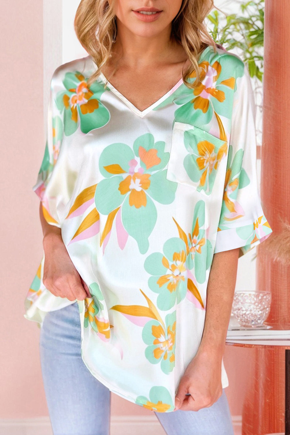 Green Floral Print Loose Fit V Neck Half Sleeve Blouse eAura