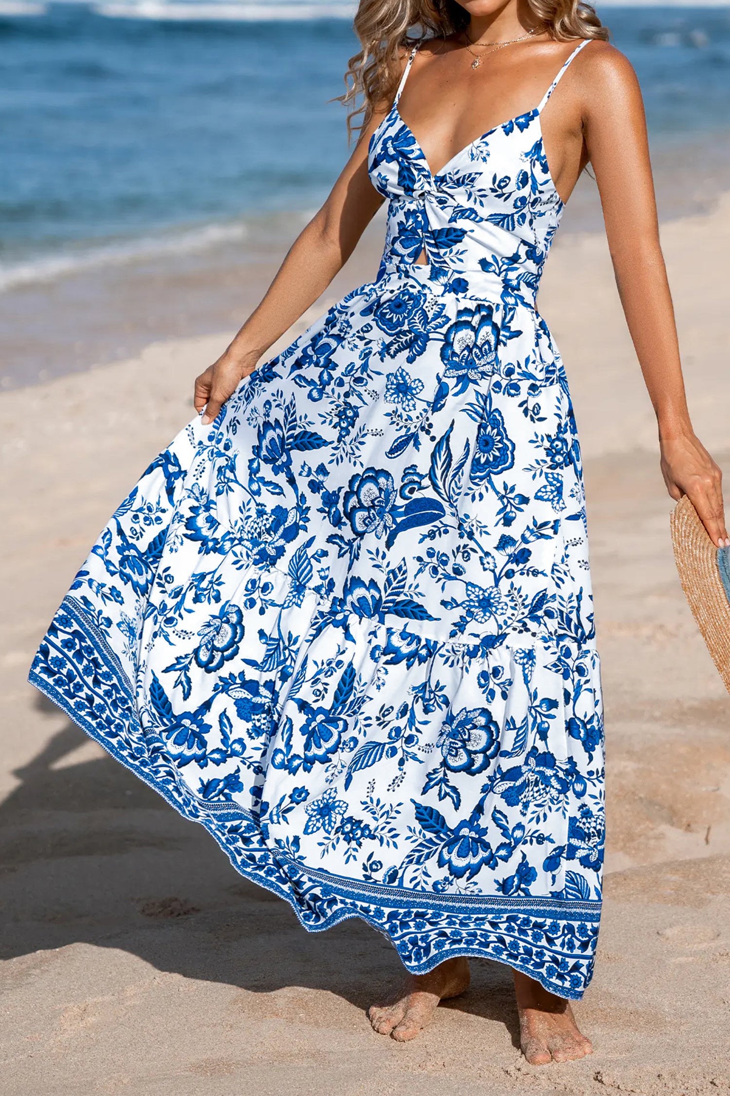 Twisted Bust Spaghetti Strap Backless Floral Maxi Dress
