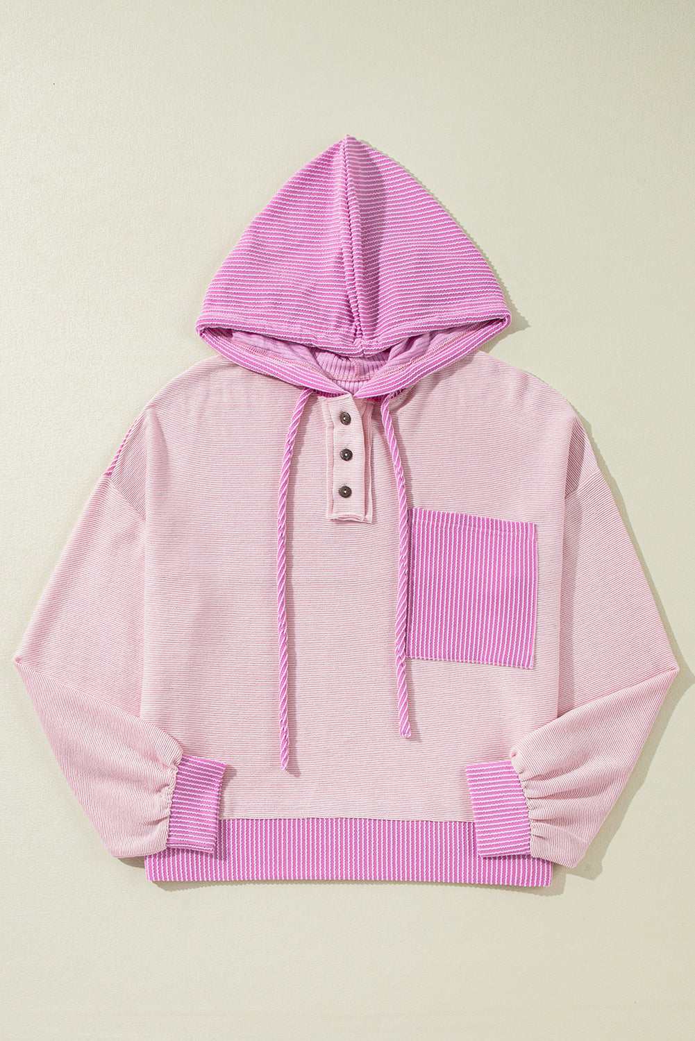 Light Pink Ribbed Colourblock Patch Pocket Drawstring Hooded Top eAura
