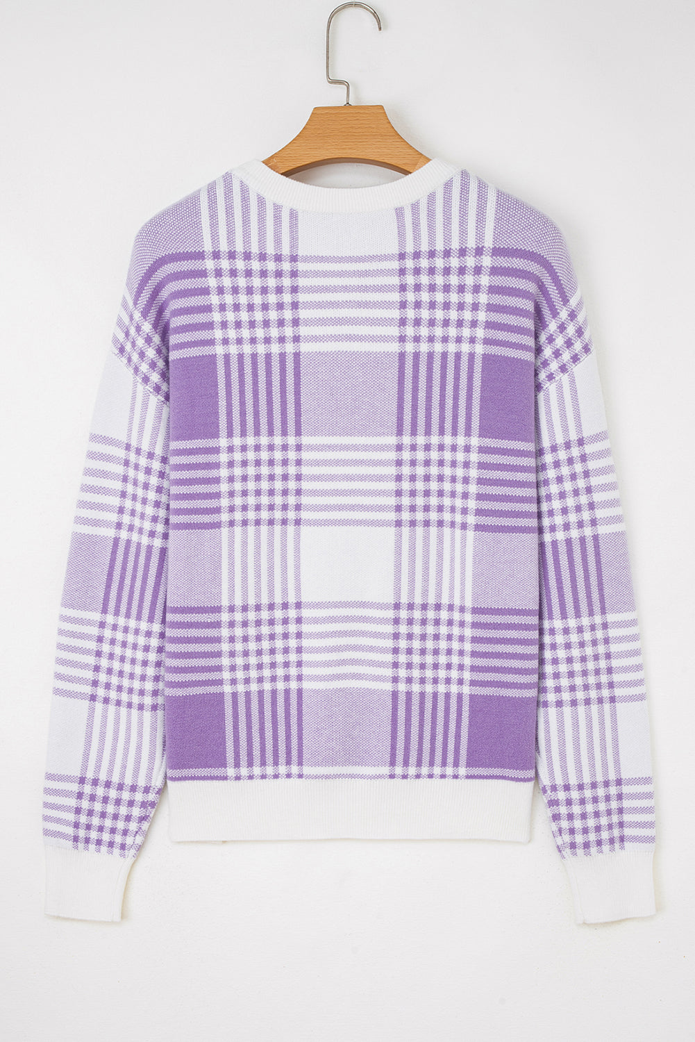 Lilac Plaid Print Ribbed Trim Loose Sweater - eAura