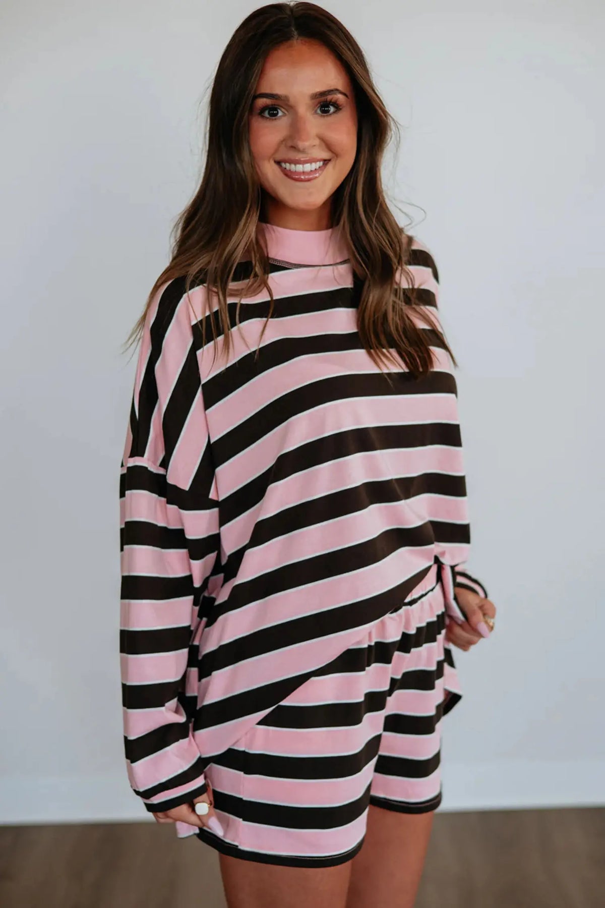 Pink Stripe Oversized Long Sleeve Top Elastic Waist Shorts Casual 2pcs Set