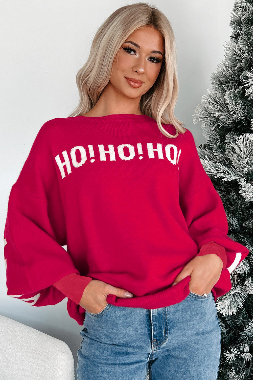 HO HO HO MERRY CHRISTMAS Drop Shoulder Loose Sweater - eAura