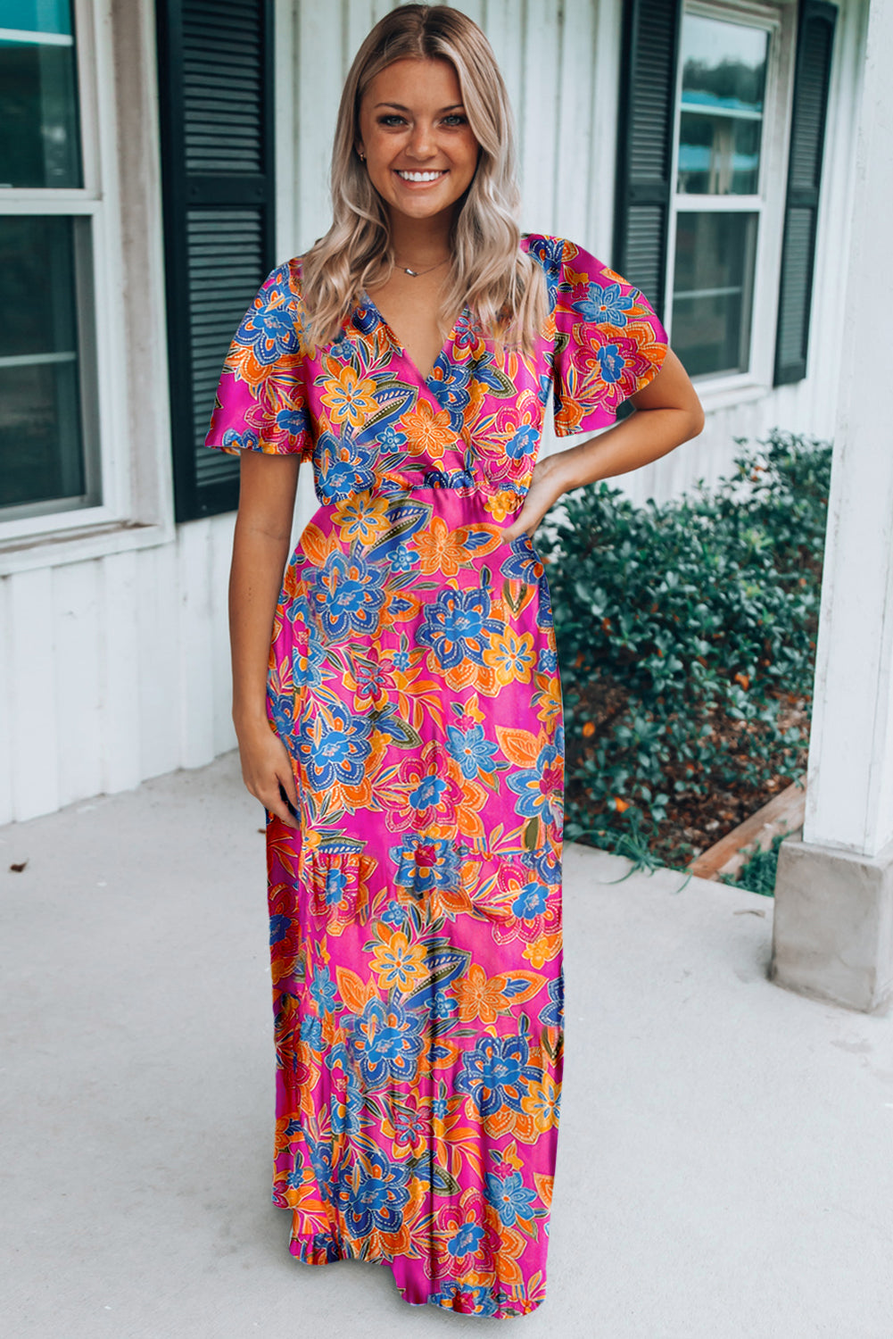 Rose Wrap V Neck Floral Maxi Dress eAura