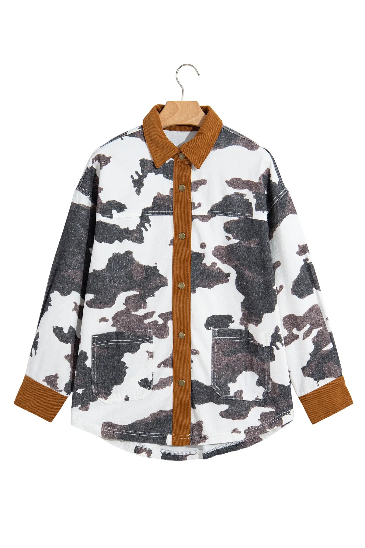 Western Cow Print Long Sleeve Button-Up Denim Jacket – Multicolour
