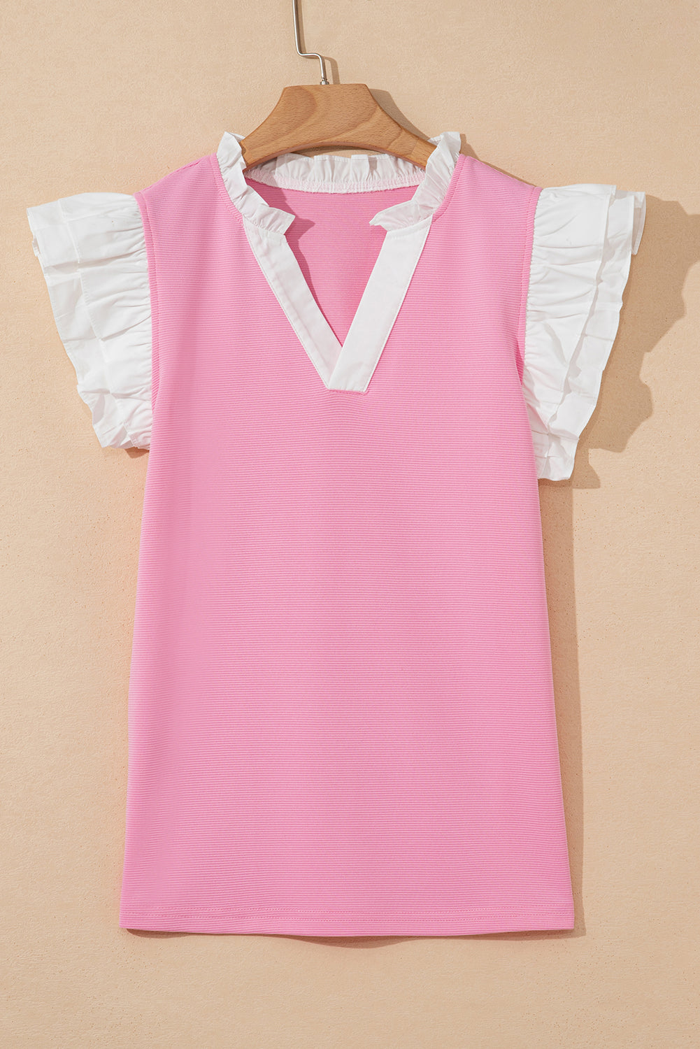 Pink Contrast V Neck Ruffled Textured Knit Top eAura