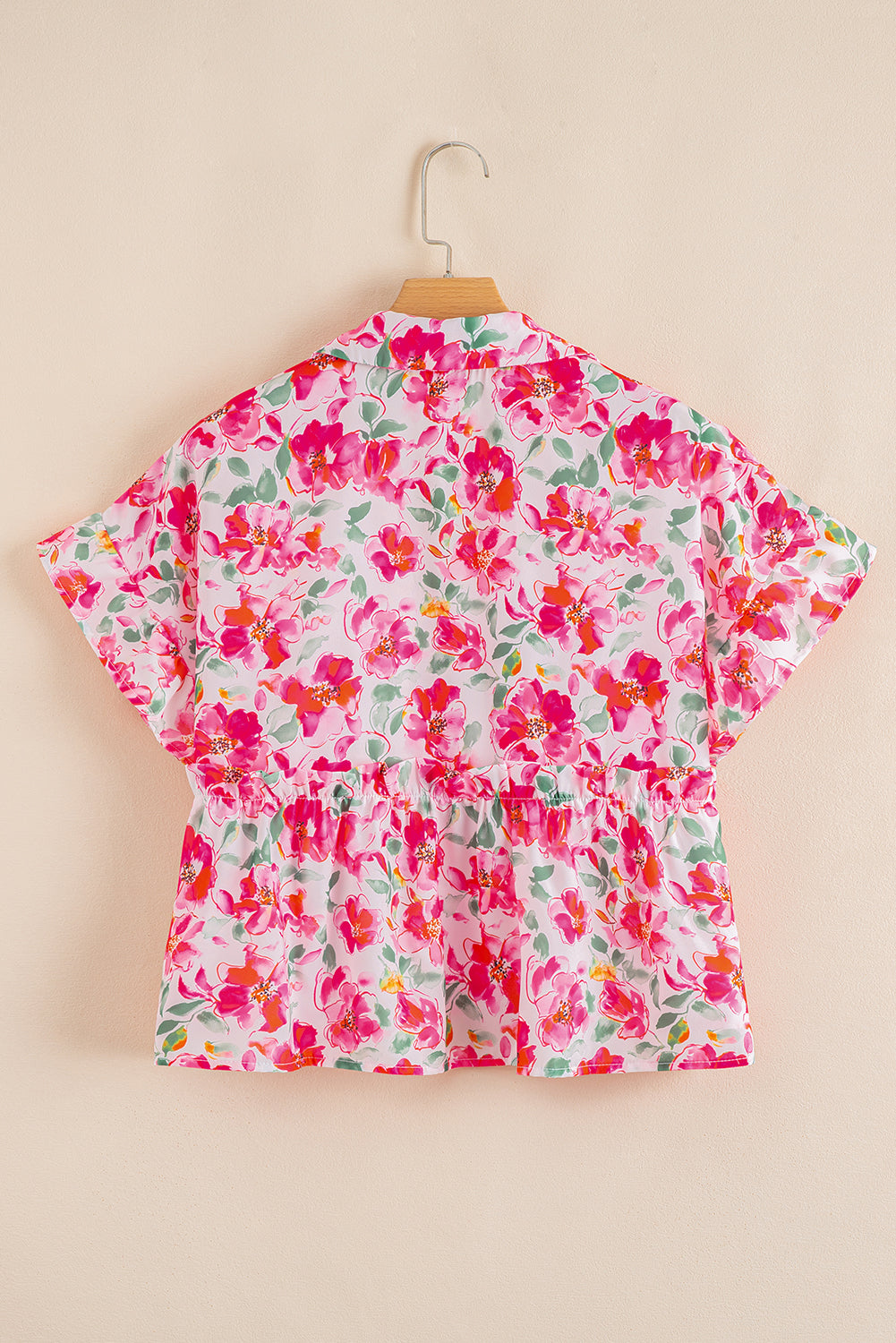 Pink Floral Boxy Fit Ruffled Short Sleeve V Neck Blouse eAura