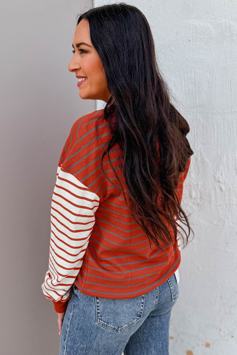 Orange Stripe Contrast Sleeve Patchwork Drop Shoulder Long Sleeve Sweatshirt - eAura