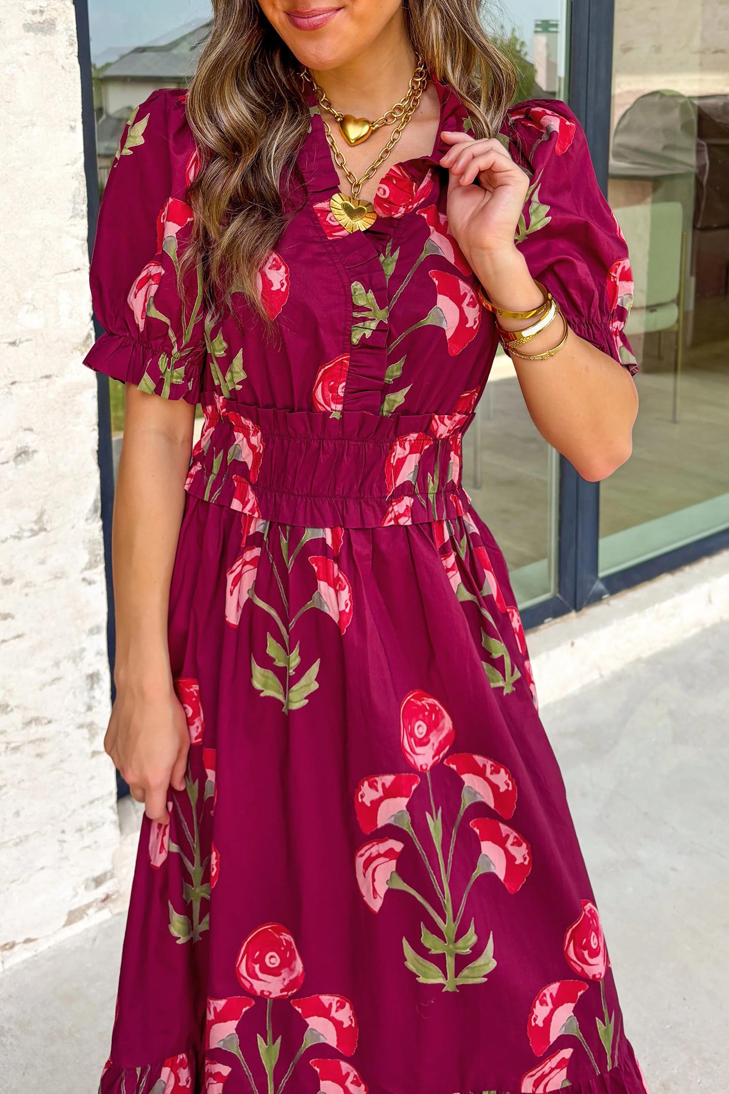 Floral Print Frilled V-Neck Short Sleeve Ruffle Maxi Dress