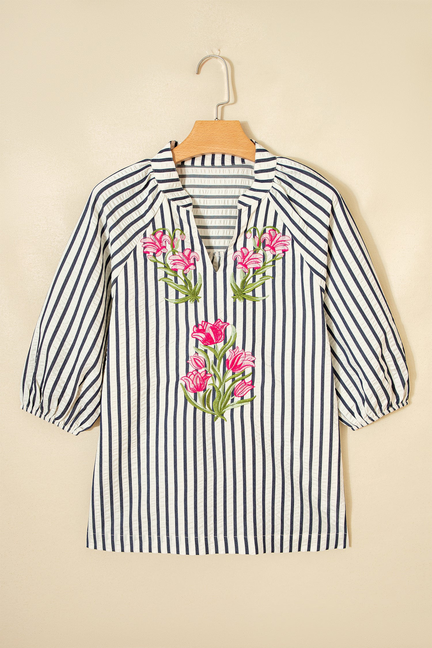 Stripe Floral Embroidered Detail V-Neck Short Sleeve Blouse